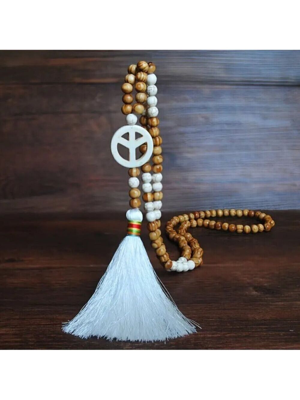 Handmade Boho Tassel Necklace with Wooden Beads & Peace Sign – 34.5” Long #1506